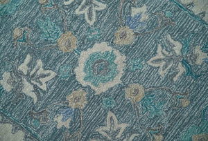 French Design Aubusson 8x10 Ivory and Blue Hand Tufted Wool Area Rug