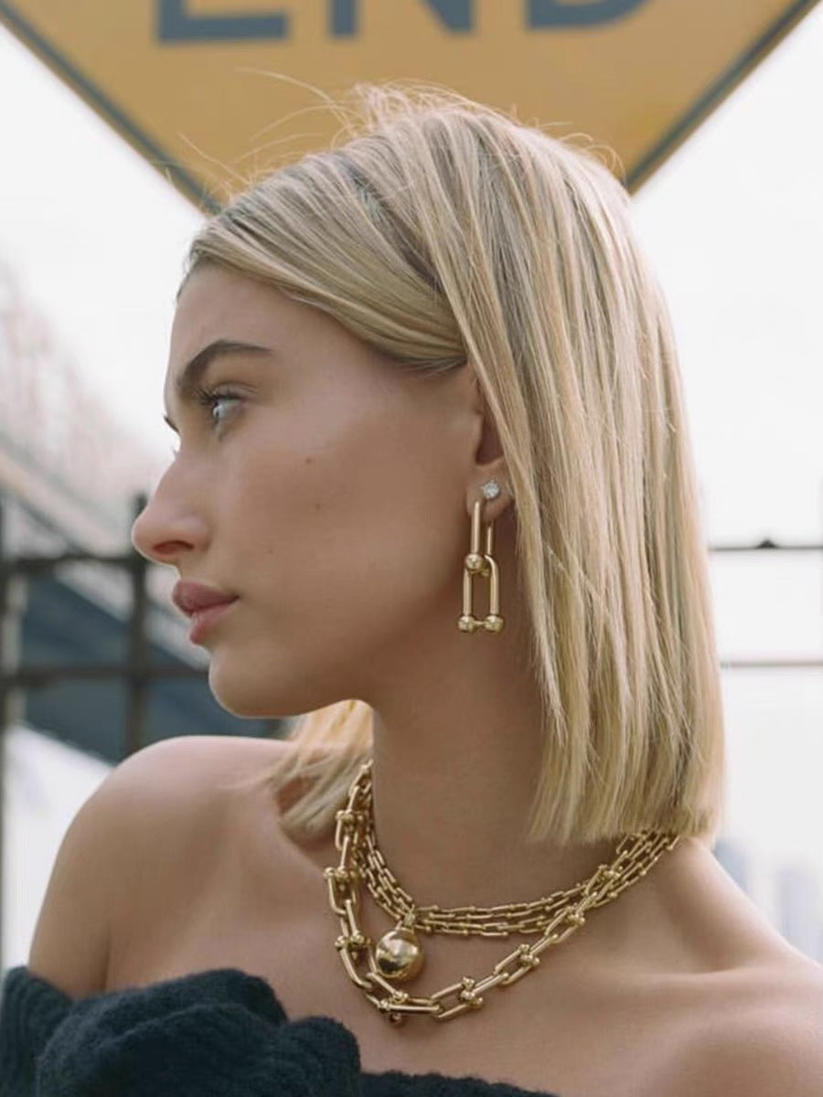 U-Shape Ball Chain Chunky Gold Plated Earring with Gift Pouch