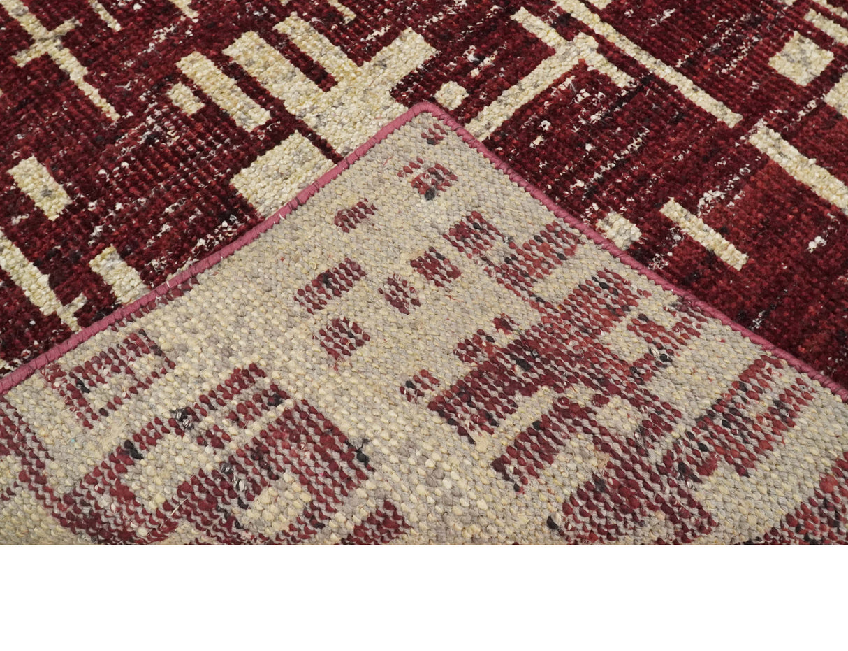 4x6 Hand Knotted Beige and Maroon Modern Abstract  Recycled Silk Area Rug