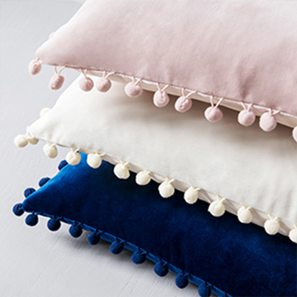 20''x20'' Velvet Pom-Pom Throw Pillow | 7 Colors – Soft & Playful Ball Trim Design | Fun Couch & Bedroom Accent | Insert Included