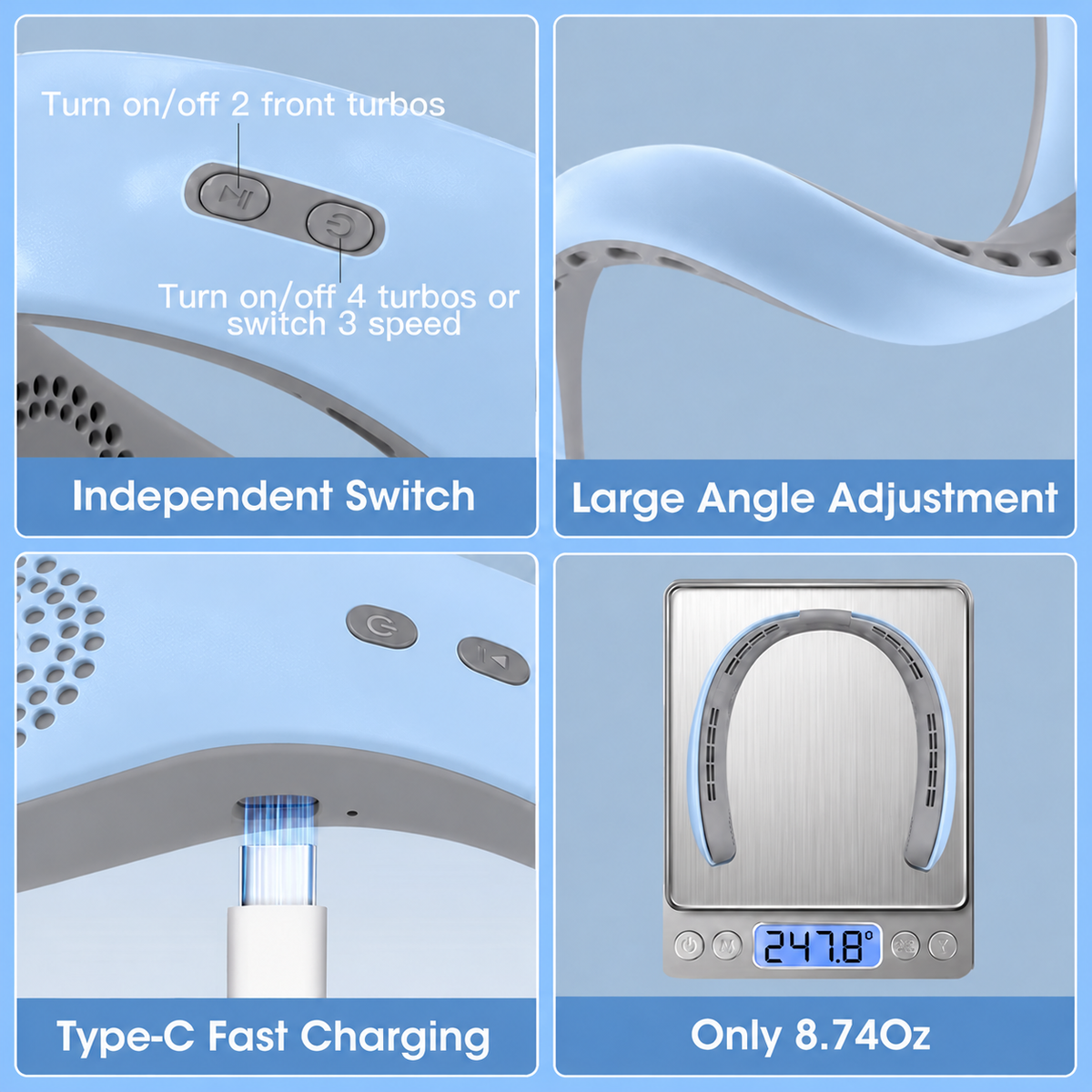 4000mAh 4 Tubors Portable Rechargeable Neck Fan 360° Bladeless with 3 Speeds