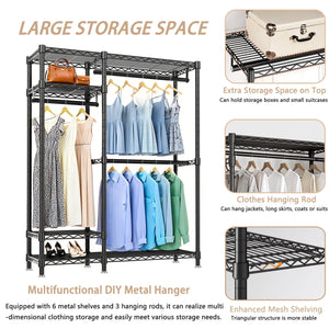 Freestanding Clothes Rack, With 6 Adjustable Wire Shelves And 3 Garment Rails - Black