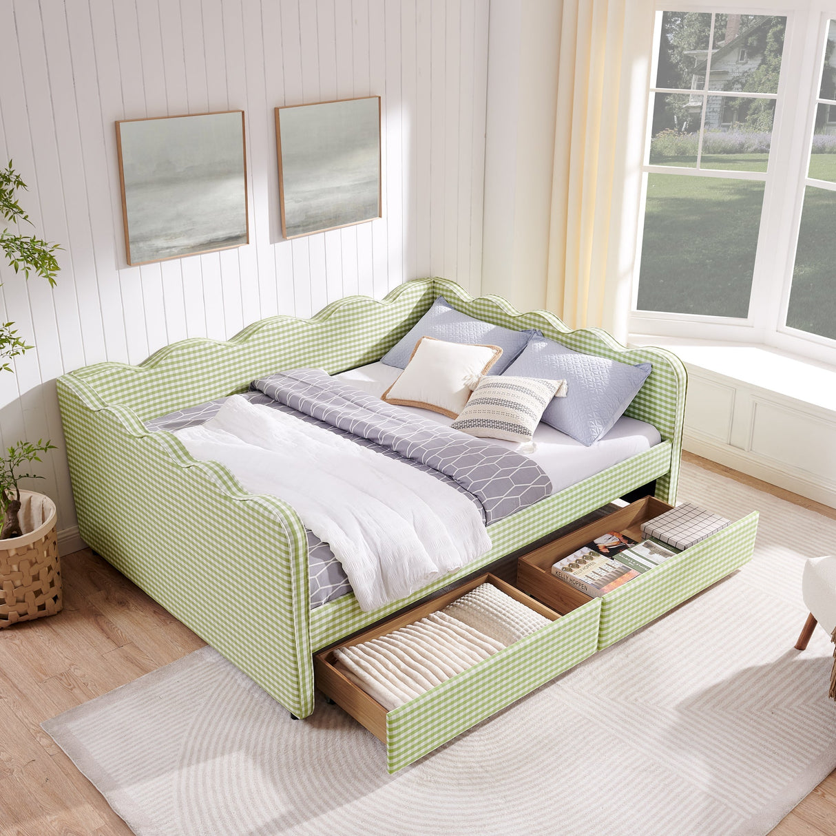 Queen Size Cozy Gingham Daybed with Two Storage Drawers, with USB Port and Adorable Wave Shaped, Linen Fabric