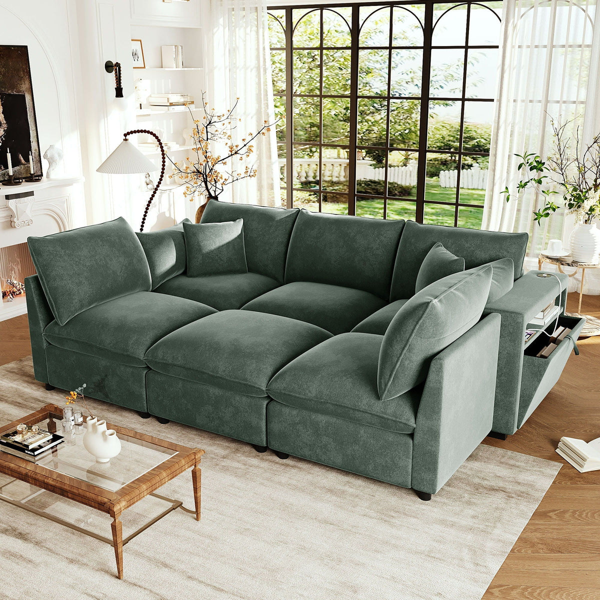 Modern U-Shaped Sectional Sofa with Storage Ottoman & USB Ports - Multiple Colors