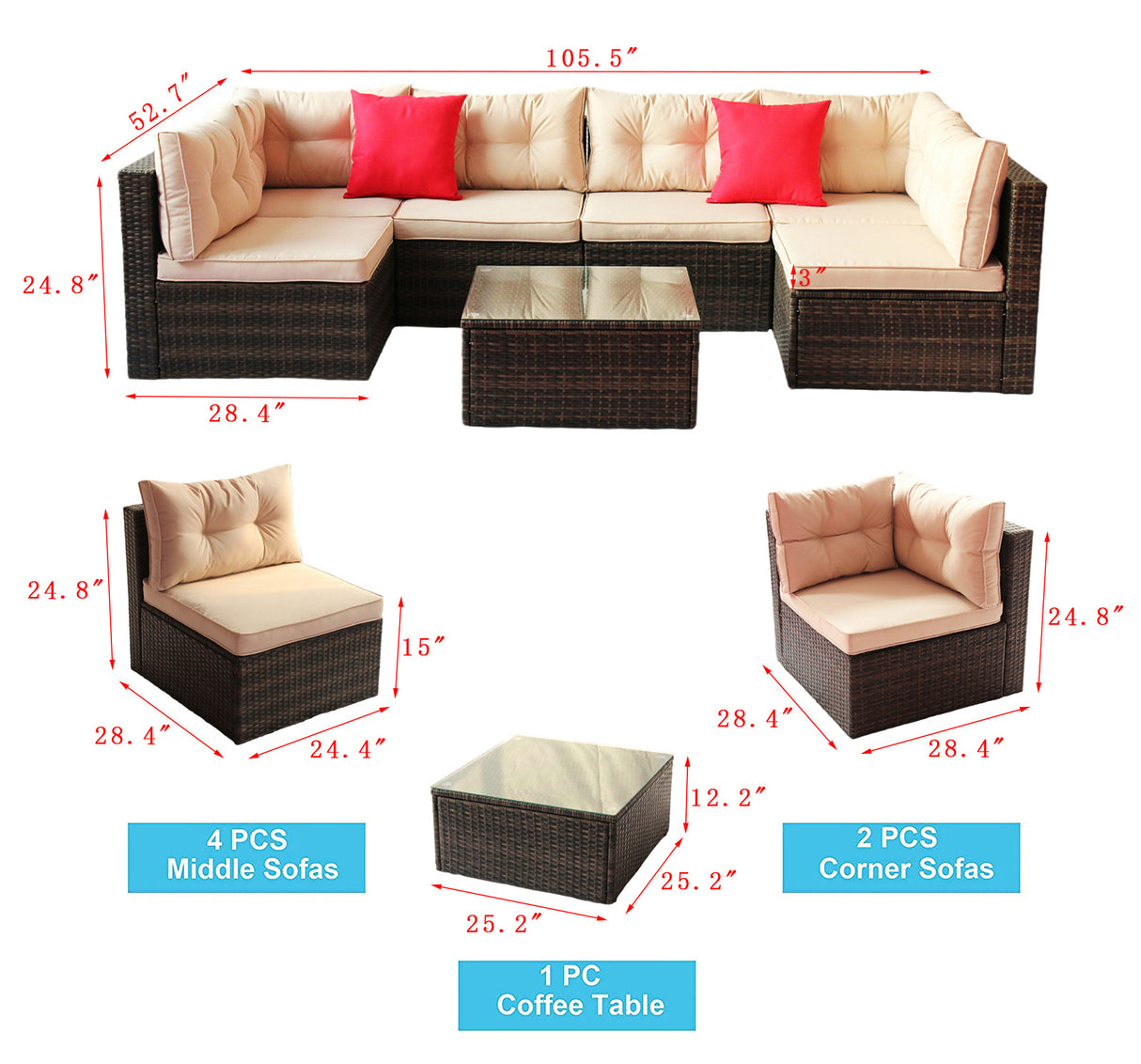 Rattan 7 pc sectional  corner sofa set (brown cushion)