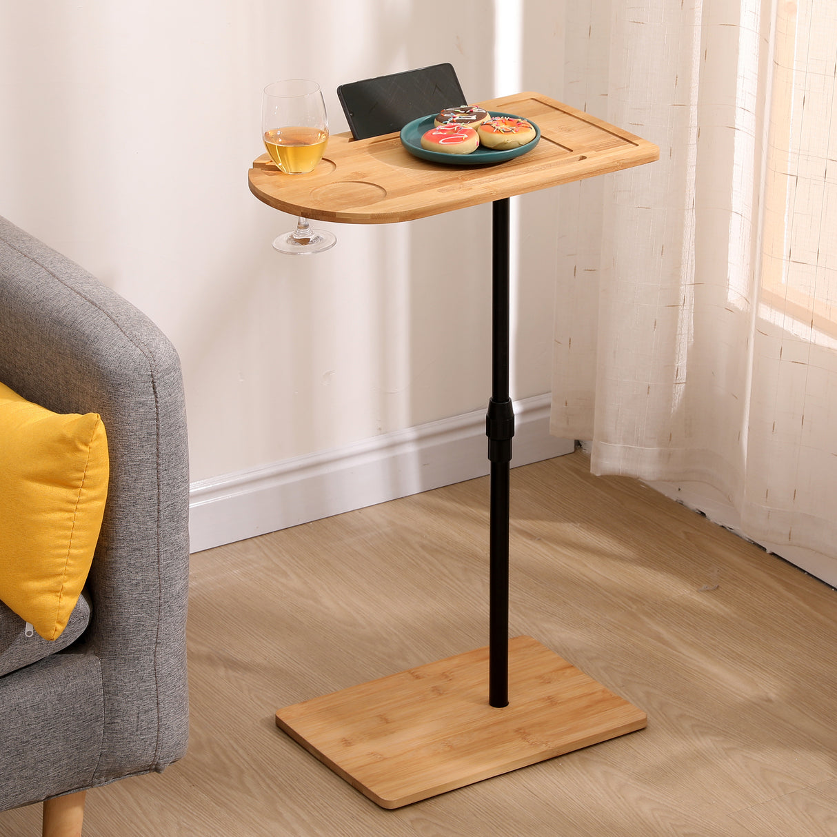 Adjustable Bamboo C-Shaped Sofa Side Table
