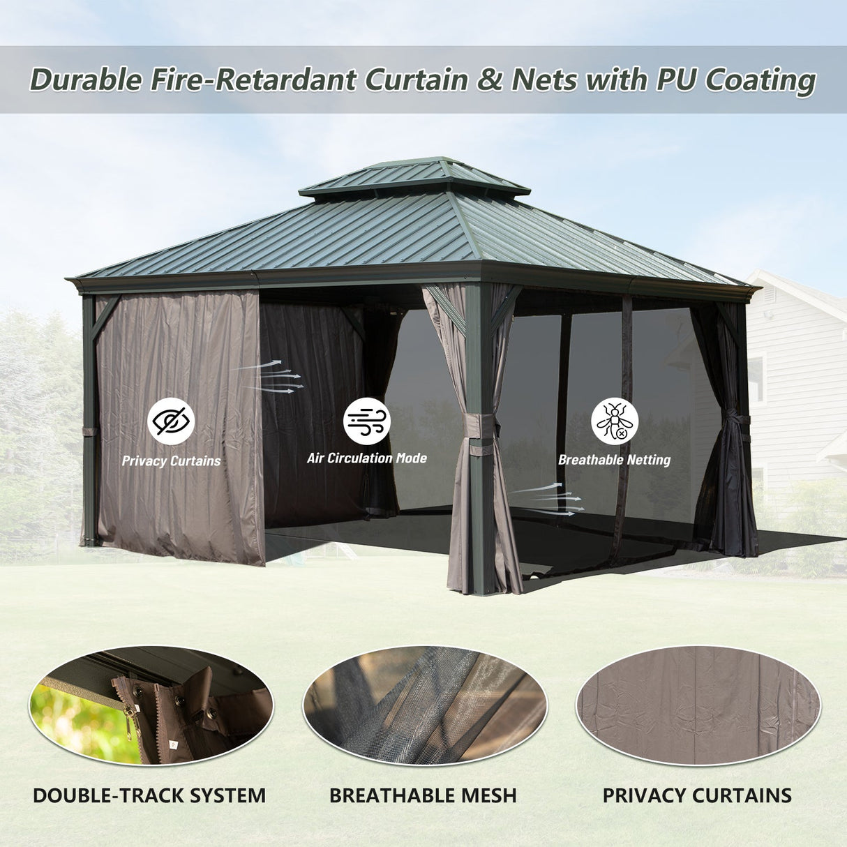 10' x 12' Hardtop Gazebo Outdoor Metal Gazebo with Galvanized Steel Double Roof Canopy, Aluminum Frame, Curtains and