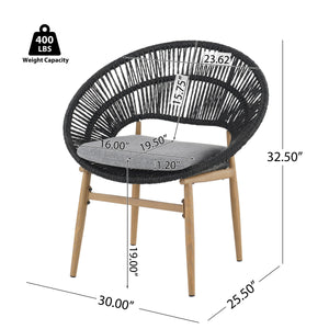 Cyril Outdoor Wicker Papasan Style Dining Chair with Teak Finished Leg and Dark Gray Faux Rattan - Set of 2