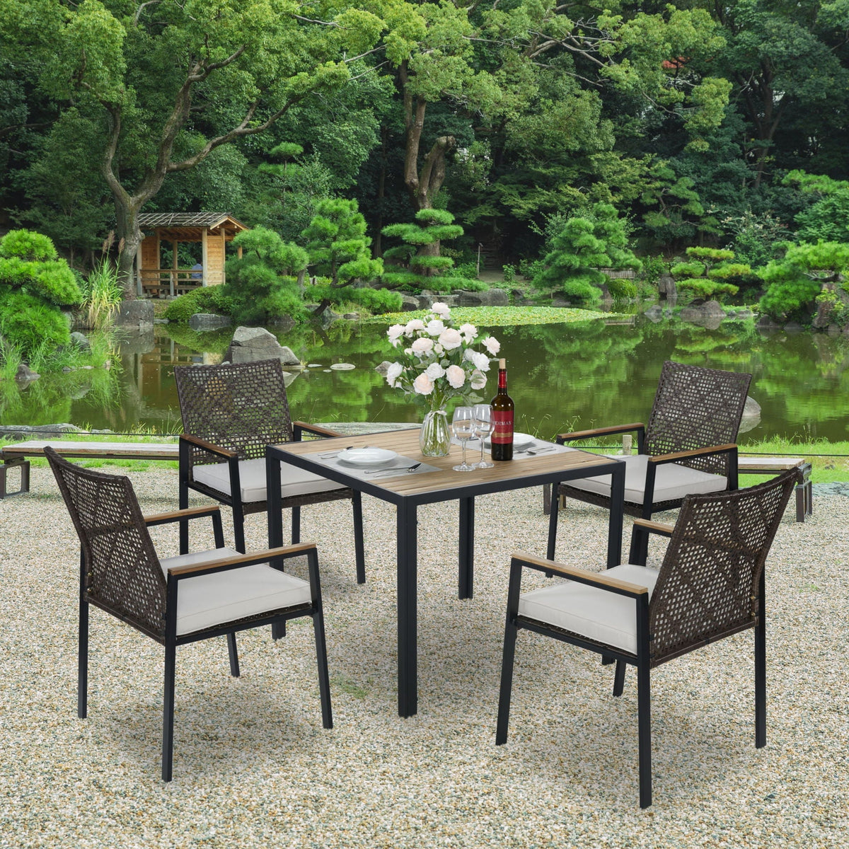 5 Piece Patio Dining Table Set, Acacia Wood Table Top With Umbrella Hole