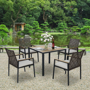 5 Piece Patio Dining Table Set, Acacia Wood Table Top With Umbrella Hole