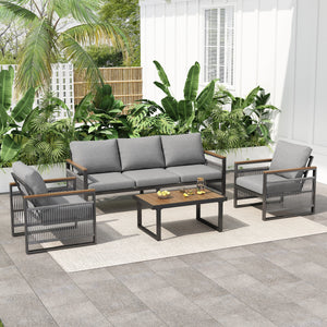 4-Piece Outdoor Metal Patio Furniture Set with Cushion - Grey & Natural