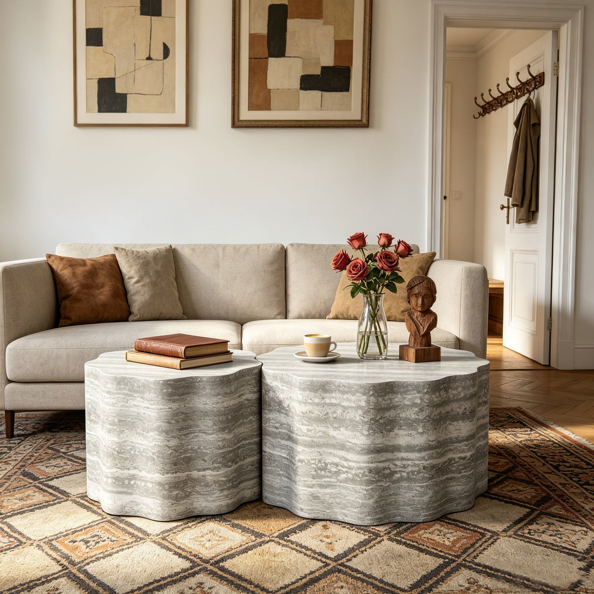 Set of 2 Round Coffee Tables with Faux Mars Pattern - Brown