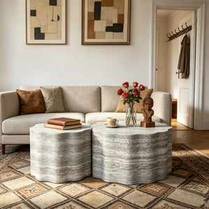 Set of 2 Round Coffee Tables with Faux Mars Pattern - Brown