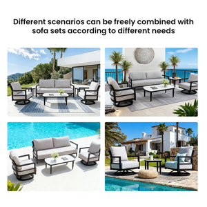 Outdoor Conversation Set With Chairs, Bench Sofa, Tables, Sunbrella Cushions