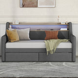 Twin Size Linen Upholstered Daybed with Storage Drawers and LED Lights