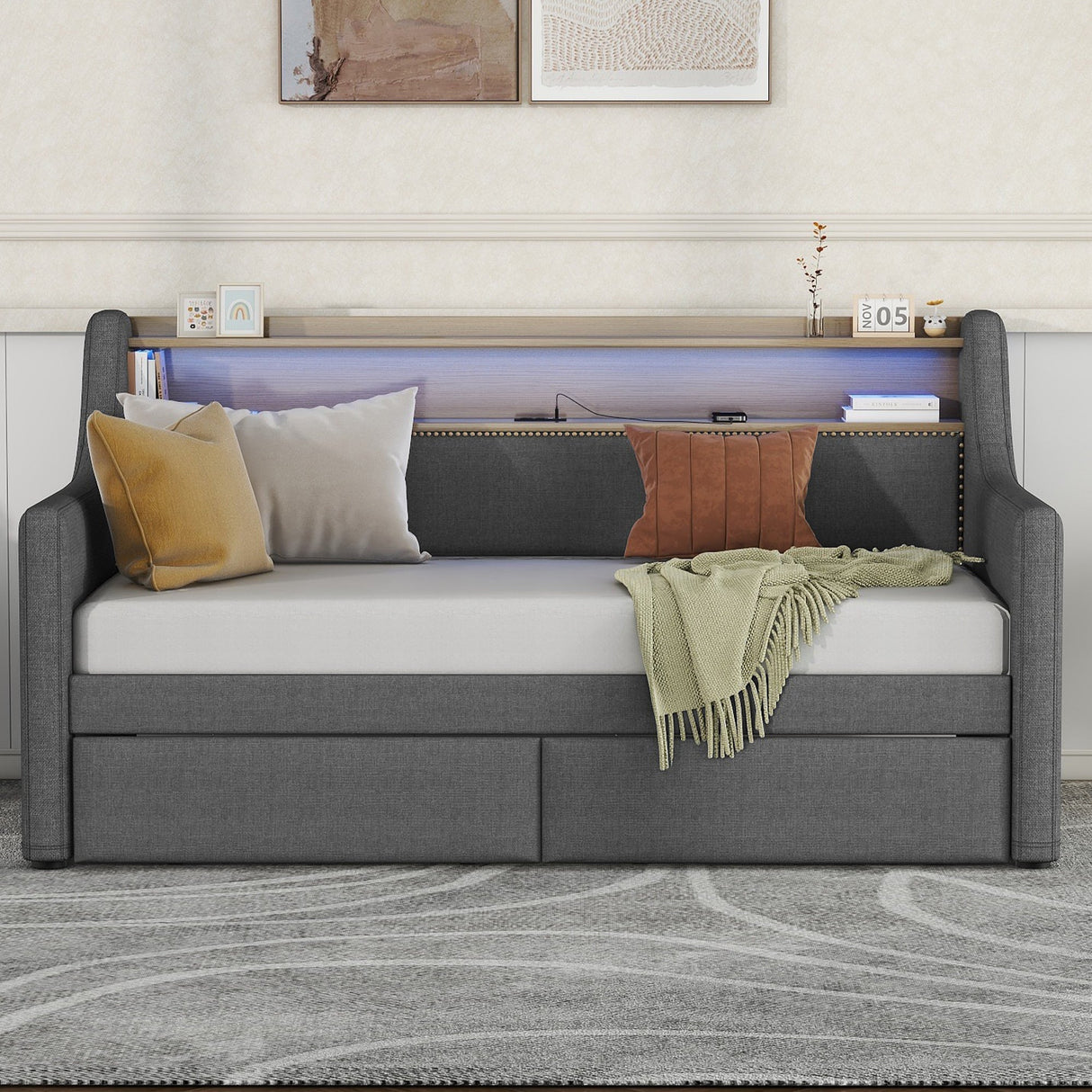 Twin Size Linen Upholstered Daybed with Storage Drawers and LED Lights
