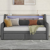 Twin Size Linen Upholstered Daybed with Storage Drawers and LED Lights