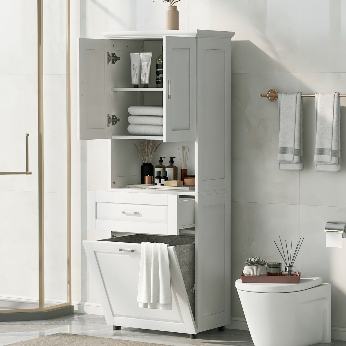 Tall Bathroom Cabinet with Laundry Basket
