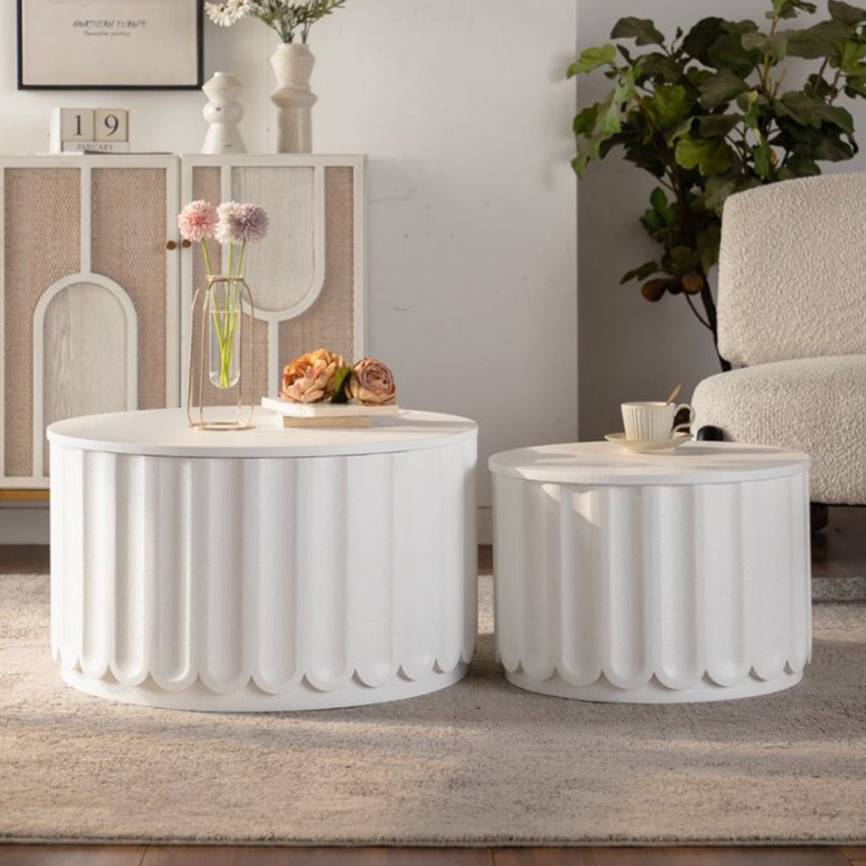 White Round Storage Table Set with Lift-Off Lid