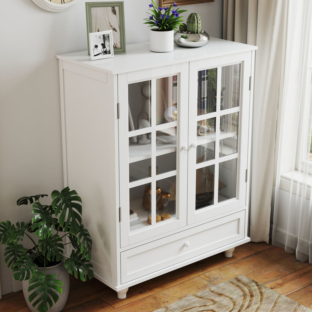 Minimalist Buffet Cabinet With Double Glass Doors And Drawer