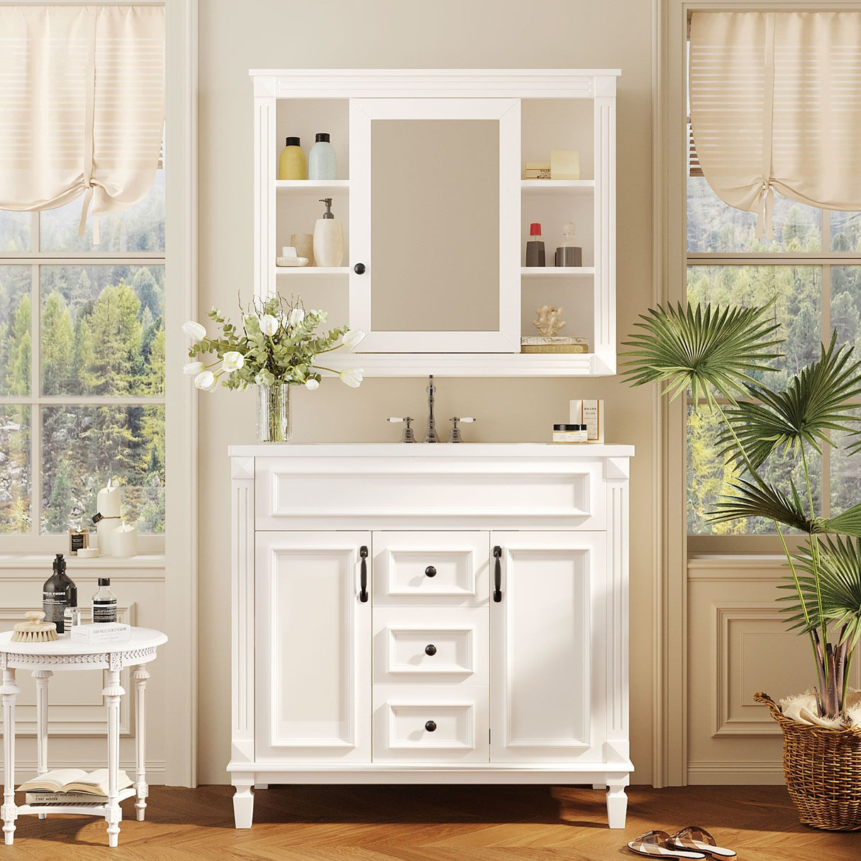 Bathroom Vanity with Top Sink, Mirror Cabinet, 2 Soft Closing Doors & 2 Drawers