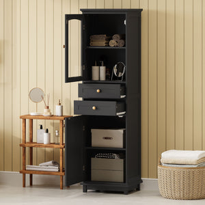 Tall Bathroom Storage Cabinet With Glass Doors, Free-Standing, Two Drawers, And Adjustable Shelves, Board, Painted Perfect For Displaying Your Favorite Items