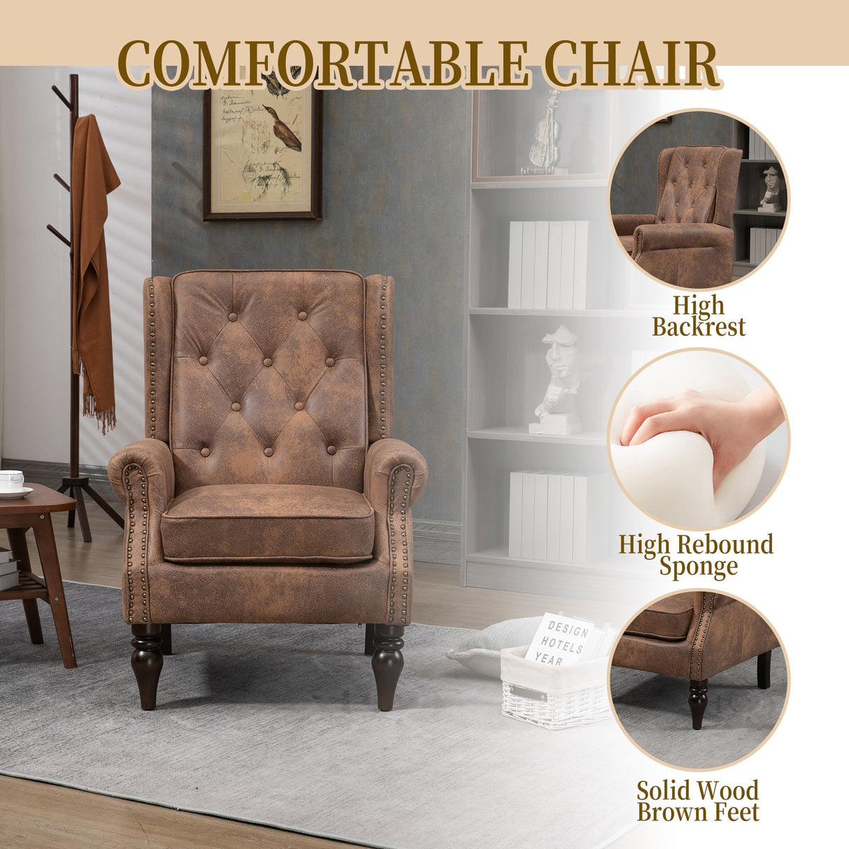Modern Coffee Wood Frame Armchair with Microsuede Upholstery