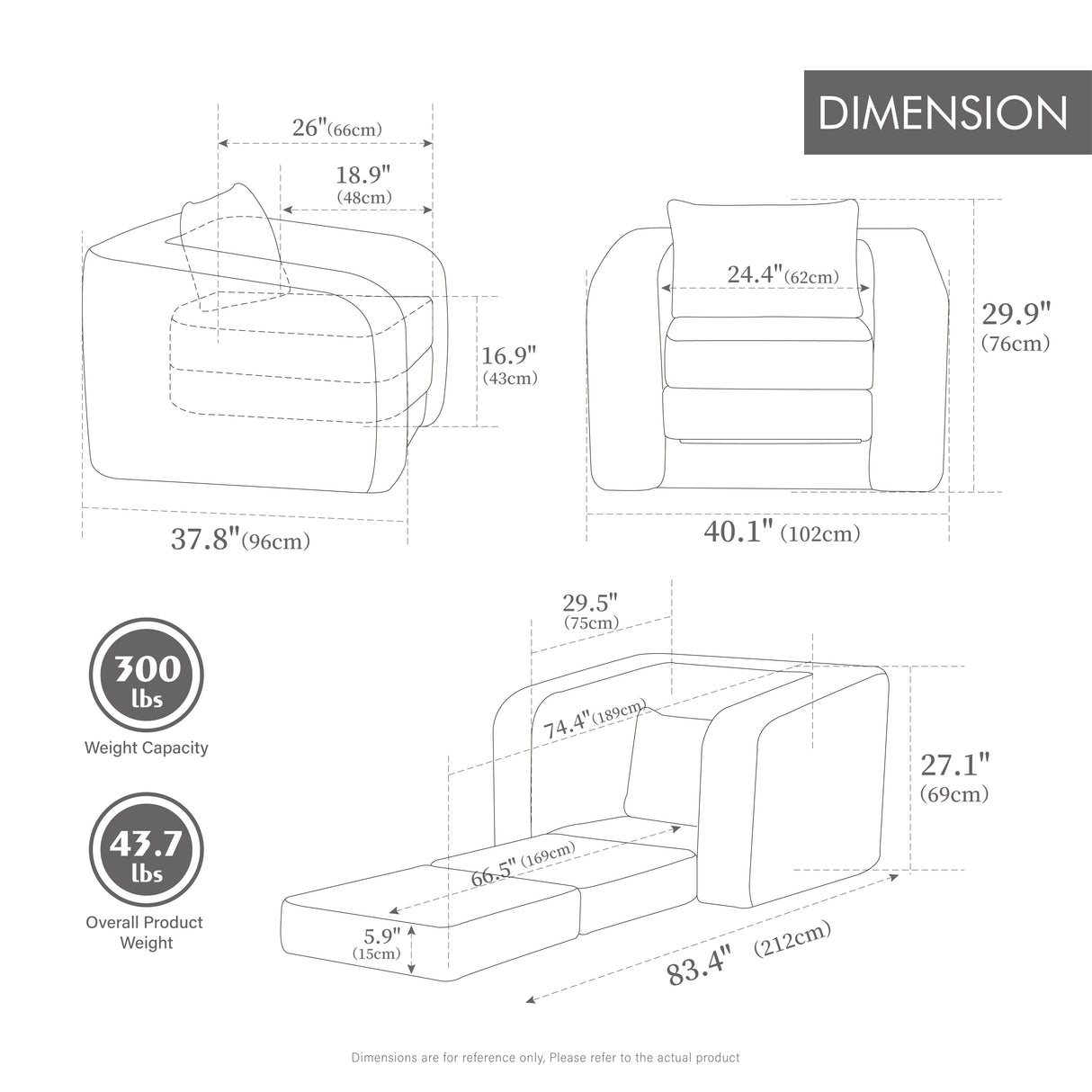 40" Foldable Single Sofa Bed with Armrest & Backrest