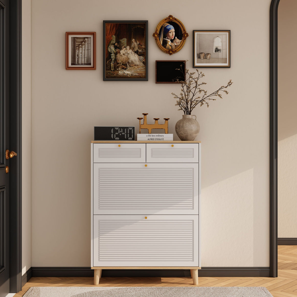 Modern Freestanding Shoe Cabinet With Flip Up Doors And Drawers, Compact Design For Entryway - White Natural