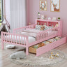 Bed With Headboard Storage Rack, 2 Under Bed Drawers, 3 Side Guardrails For Safety