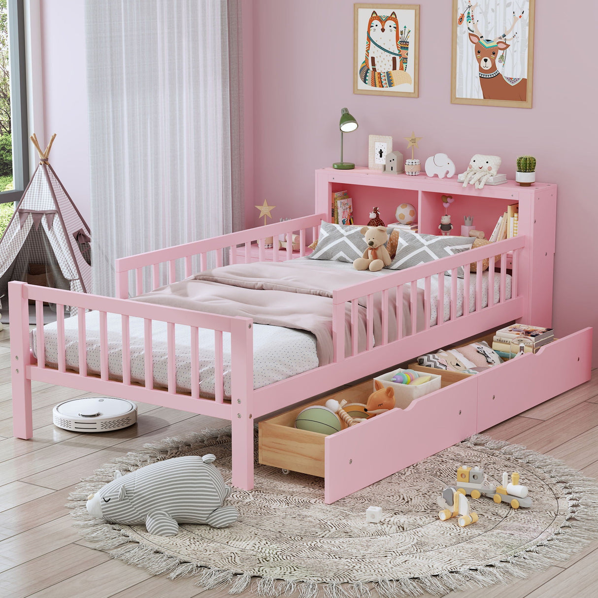 Bed With Headboard Storage Rack, 2 Under Bed Drawers, 3 Side Guardrails For Safety
