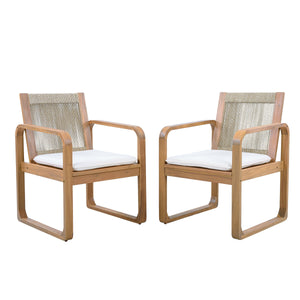 Acacia Wood Outdoor Dining Chairs Set with Rope Back and Cushions - Light Teak