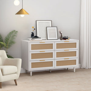 6 Drawer Storage Cabinet with Modern Rattan Drawers - Light Brown, Black, or White