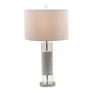 Sculpted Marble & Crystal Cylinder Table Lamp with White Drum Shade - White