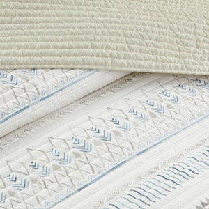 3 Piece Printed Microfiber Seersucker Quilt Set Taupe/Blue Full/Queen