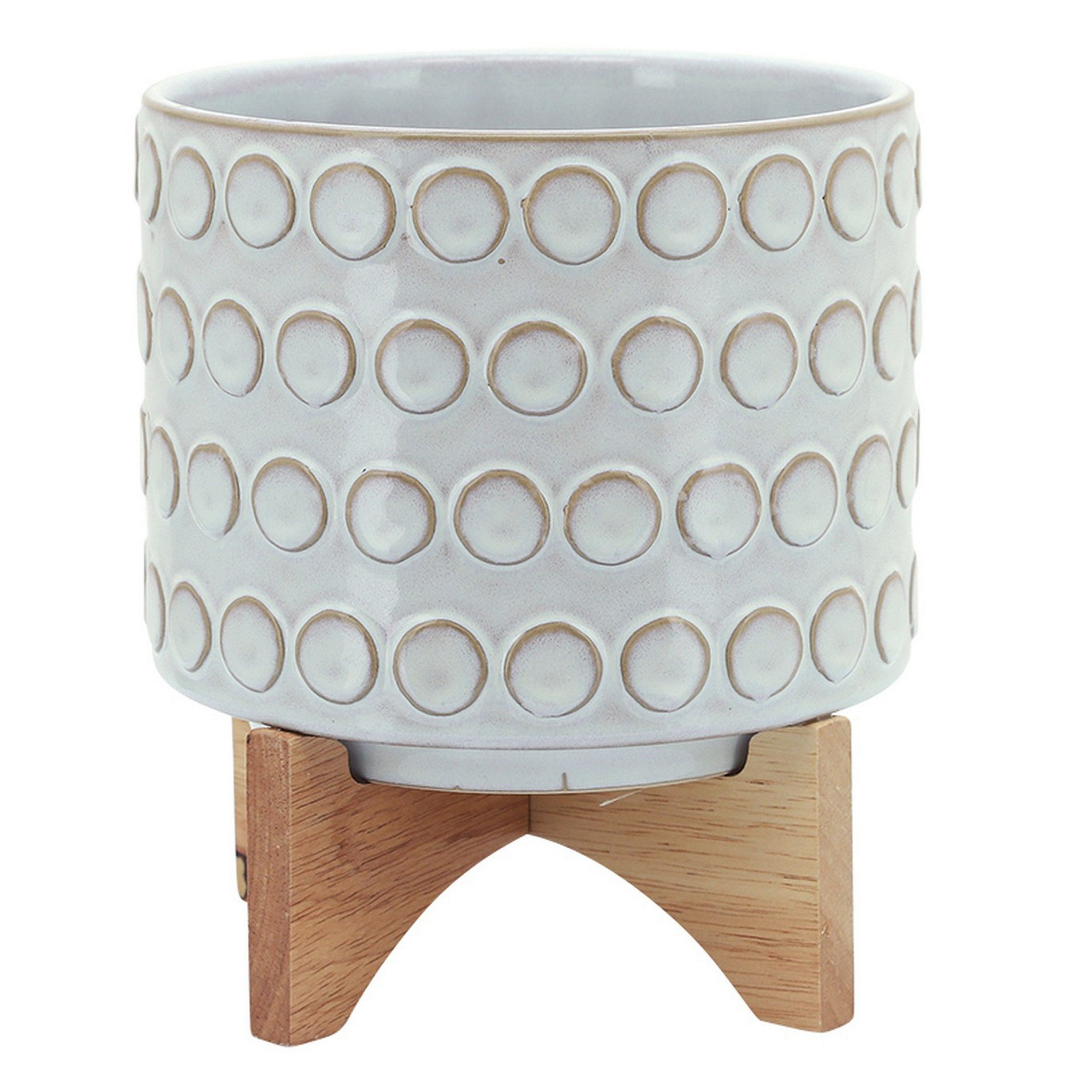 Planter-with-Wooden-Stand-and-Bubble-Design,-Small,-Off-White-Pots-&-Planters