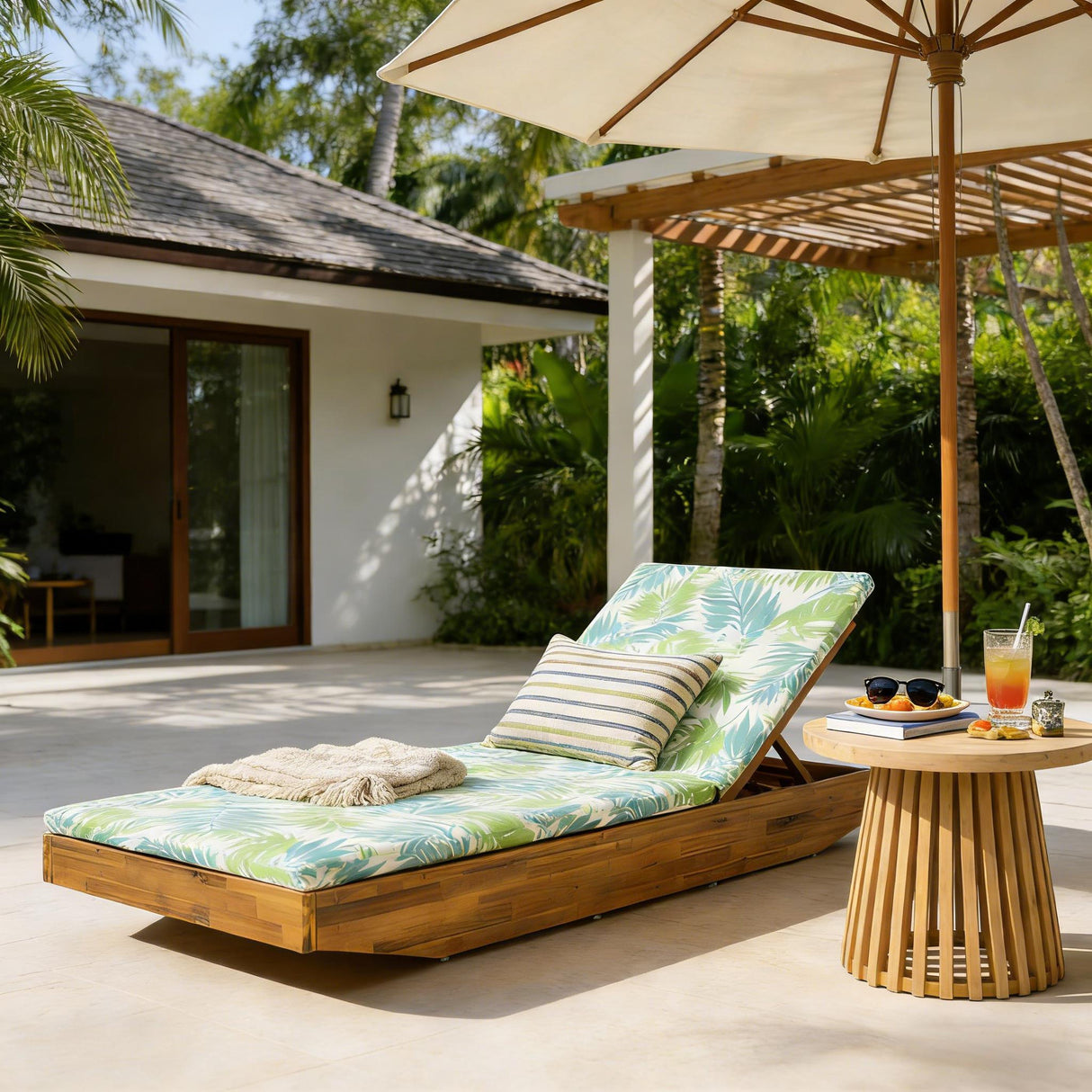 Acacia Wood Chaise Lounge with Teak Finish and Water-Repellent Cushion