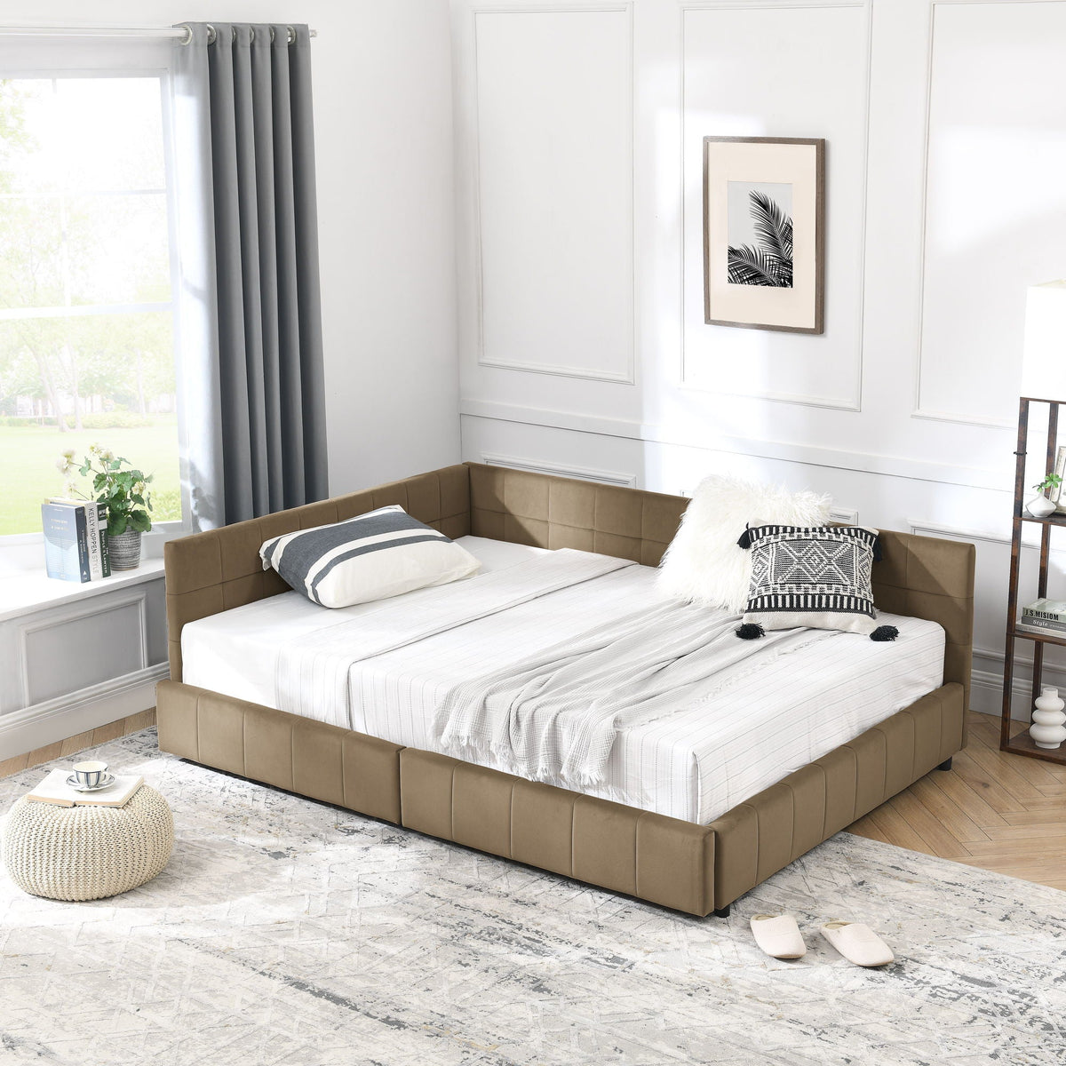 Mid-Century Storage Upholstered Tufted Bed Frame With Backrest And Armrests