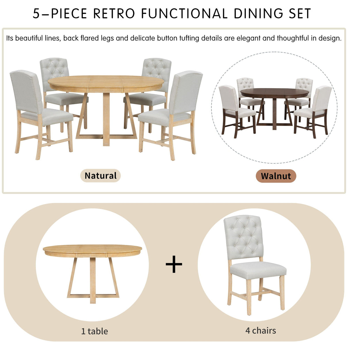 Dining Set With Leaf Round Table And 4 Upholstered Chairs