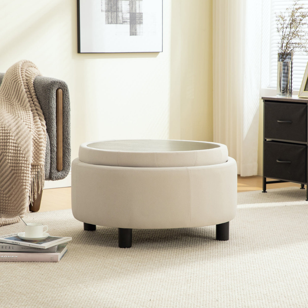29.33"W Upholstered Round Ottoman With Reversible Lid