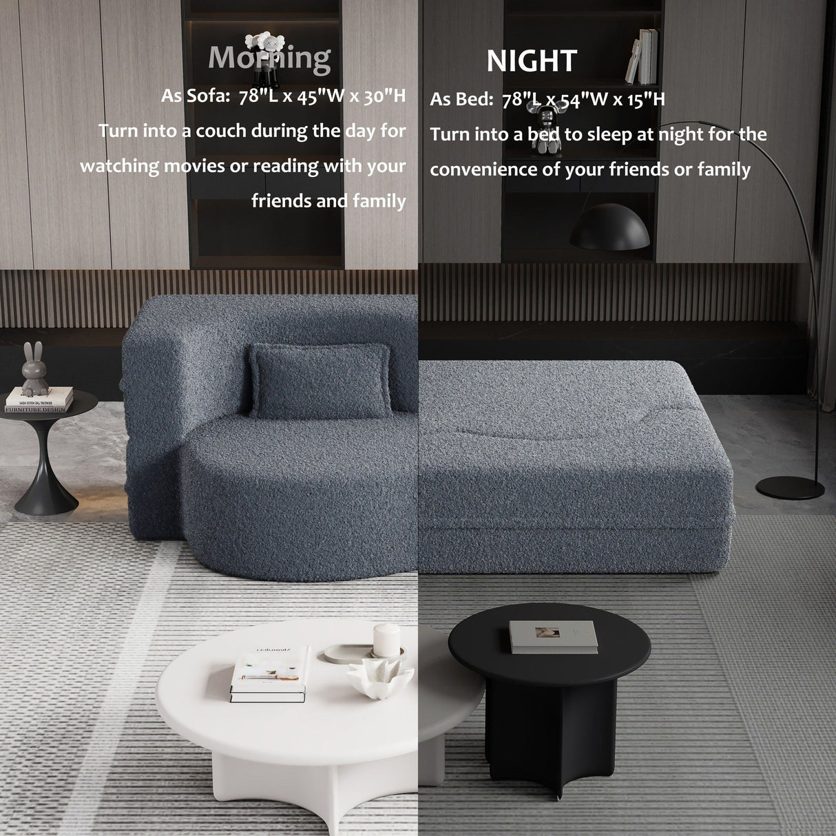 Modern Floor Sofa, With 2 Pillows, Convertible Teddy Fabric Foam Filled Bed