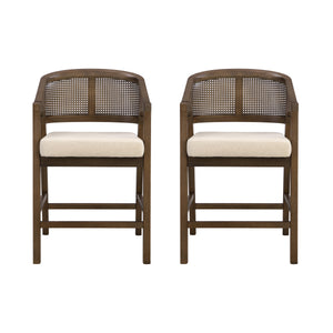 Wooden Frame Counter Stool with Rattan Back - Set of 2
