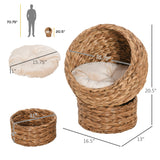 PawHut Wicker Egg Cat Bed with Cushion – Raised Indoor Cat Basket, 23.5" H, Brown