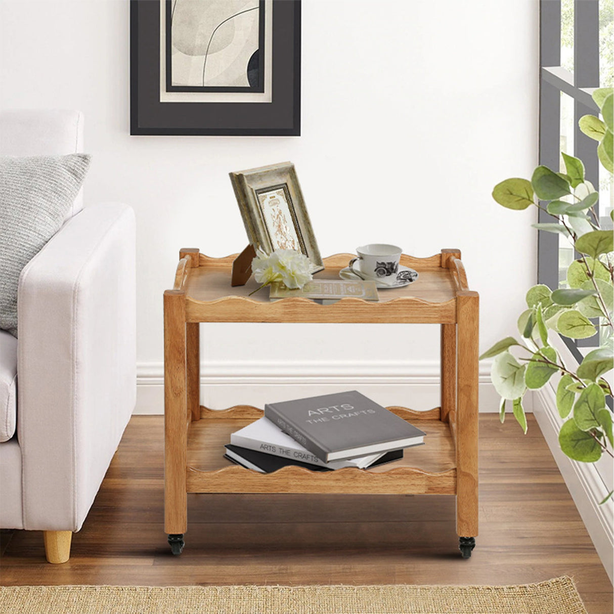 Solid Rubberwood Rolling Side Table