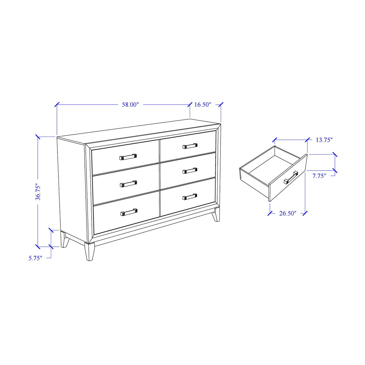 Mirage Dresser with Six Spacious Drawers - Dark Gray or White