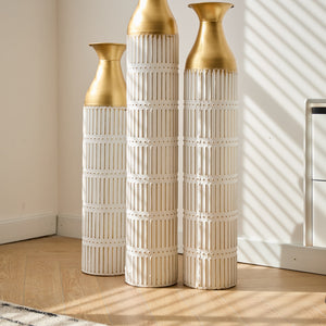 Floor Metal Vases Set of 3 - White with Gold Accents