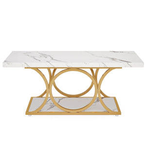 Rectangle Coffee Table, 2 Tier With Geometric Legs, Furniture With Storage Shelf - White / Gold
