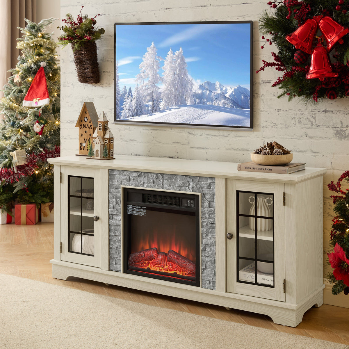 58" Modern TV Stand with Electric Fireplace and Storage