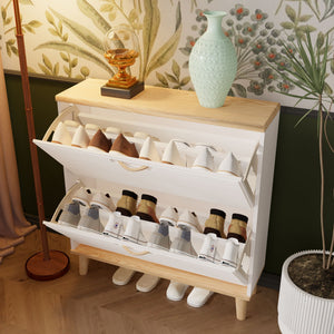 Narrow - Entryway Shoe Storage Cabinet With 2 Flip Drawers Legs - Natural / White