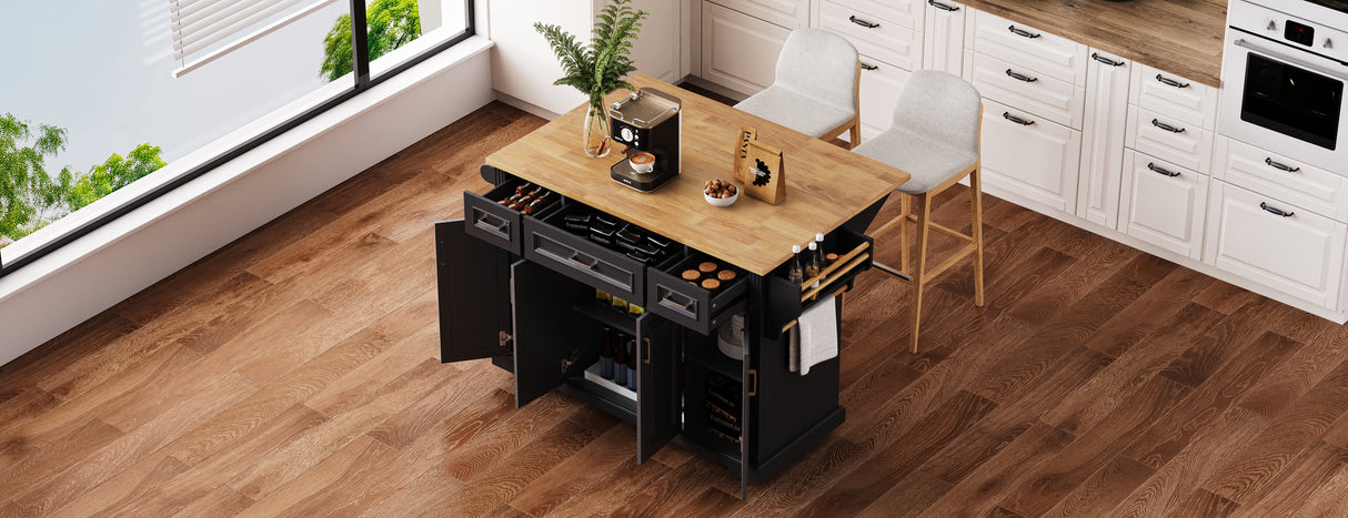 K&K 54 Inch Large Kitchen Island with Rubber Wood Drop Leaf